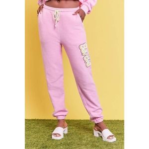 FOREVER 21 Pink Barbie Graphic Beaded French Terry Joggers Womans Size Small